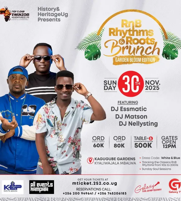 DJ Essmatic, DJ Matson and DJ Nellysting will be RnB Rhythms & Roots Brunch Kampala performers